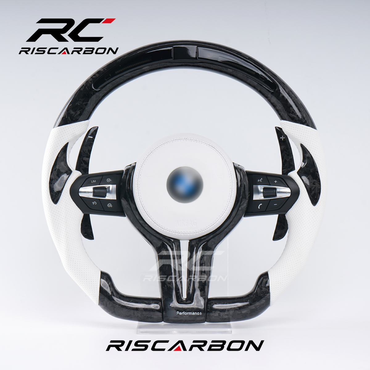 RISCARBON Custom White Carbon Fiber LED Steering Wheel for BMW F-Series Models (1, 2, 3, 4, 5, 6, 7 Series, X1, X2, X3, X4, X5, X6)
