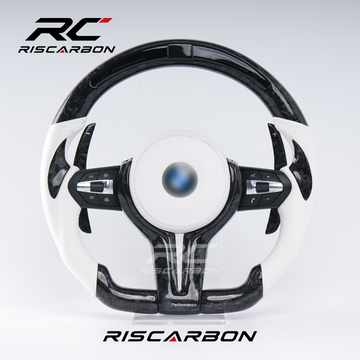 RISCARBON Custom White Carbon Fiber LED Steering Wheel for BMW F-Series Models (1, 2, 3, 4, 5, 6, 7 Series, X1, X2, X3, X4, X5, X6)