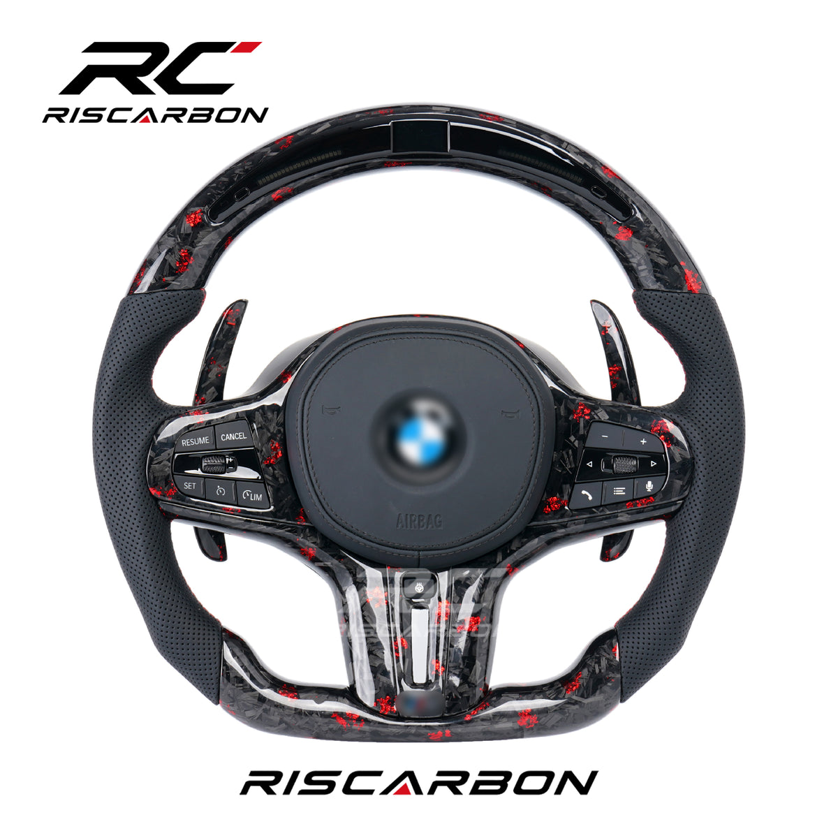 RISCARBON Flat Bottom Forge Carbon Fiber Leather CS Car Steering Wheel for BMW X3 X4 G21 G22 G23 G20 G30 G01 G02 G08 G31 G38 Plug and Play with LED