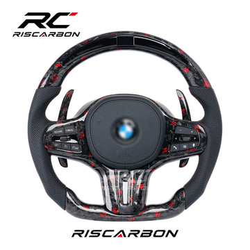 RISCARBON Flat Bottom Forge Carbon Fiber Leather CS Car Steering Wheel for BMW X3 X4 G21 G22 G23 G20 G30 G01 G02 G08 G31 G38 Plug and Play with LED