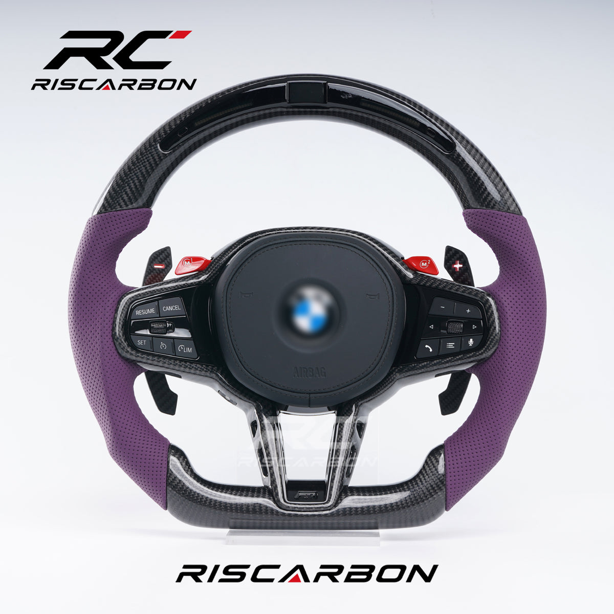 RISCARBON Flat Bottom Carbon Fiber Leather Car Steering Wheel for BMW  G01 G02 G08  G21 G22 G23 G20 G28 G30 G31 G38 X3 X4 X5 X6with LED