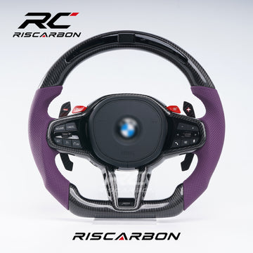 RISCARBON Flat Bottom Carbon Fiber Leather Car Steering Wheel for BMW  G01 G02 G08  G21 G22 G23 G20 G28 G30 G31 G38 X3 X4 X5 X6with LED