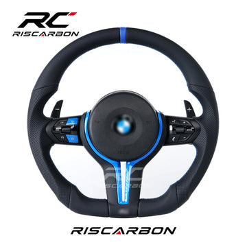 RISCARBON Blue Stripes Steering Wheel for BMW M3 M4 M6 F30 F10 F15 F36 F01 F20 F22 F25 F31 F32 F11F18 F40 F52 F80 X1X2 X3 X4 X5 X6 Leather