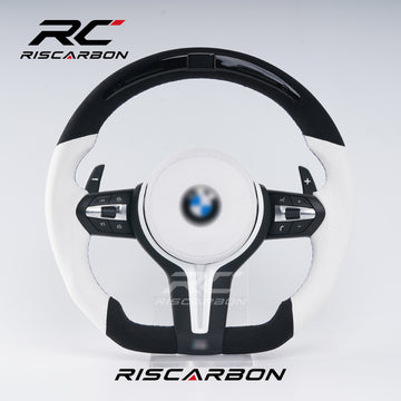 RISCARBON Customized White Leather Sports Steering Wheel for BMW Models F10 F18 F11 M6 M3 M4 M5 F30 F32 F12 F80 F20 F01 Real Suede