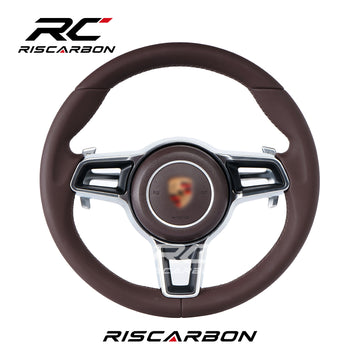 RISCARBON For Panamera Cayenne Macan Boxster Cayman 718 911 918 997 991 970 971 Marsala Red Leather Steering Wheel Compatible