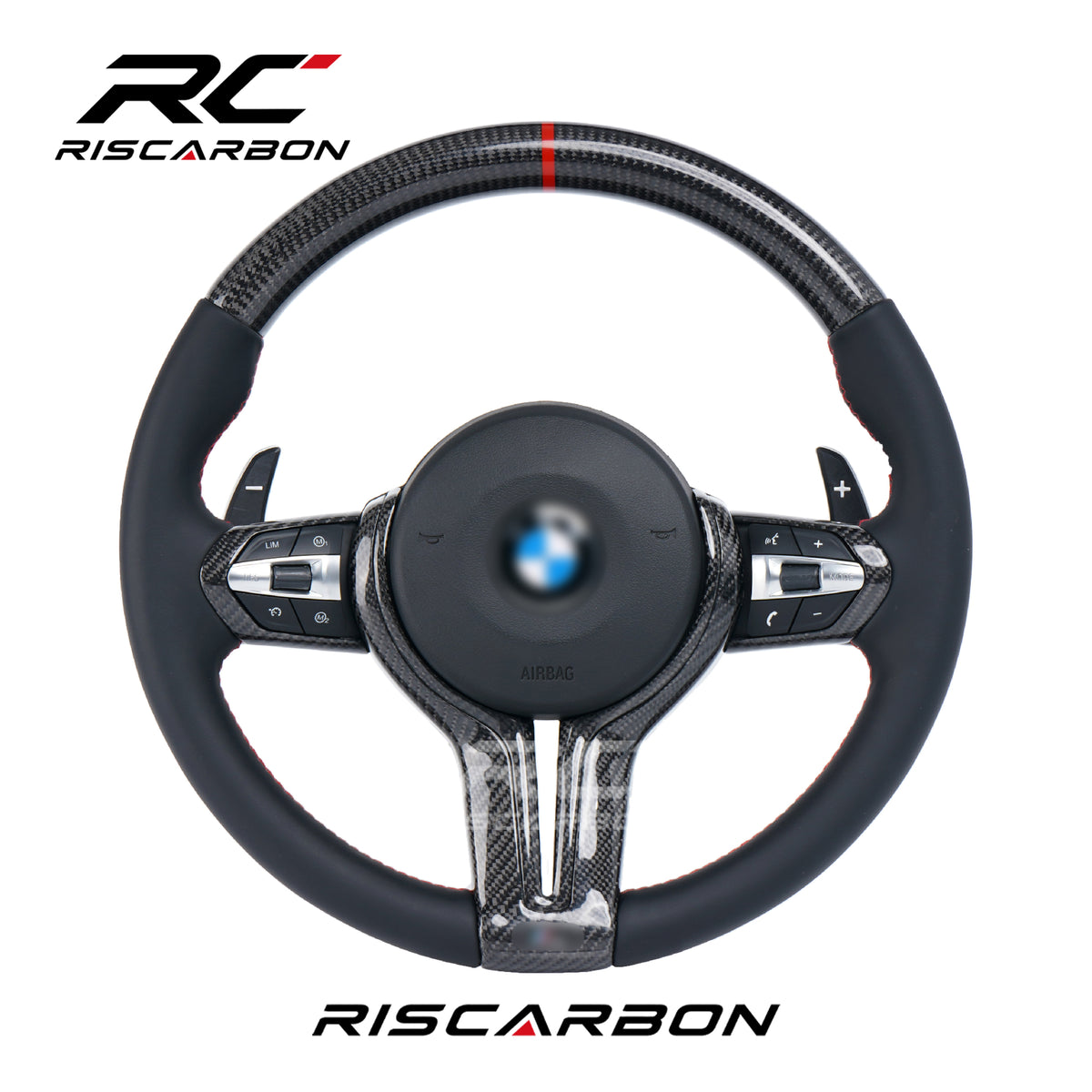 RISCARBON Real Round Carbon Fiber Leather Car Steering Wheel for BMW X1 X2 F30 F10 F21 F22 F15 F16 F45 F32 F33 F01 F02 F11 M3 M5 Plug and Play