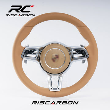 RISCARBON Factory Direct Car Accessories Beige Leather Steering Wheel for Porsche 991 992 958 Cayenne Macan Panamera 970 971 987 Taycan Boxster Silver button frame