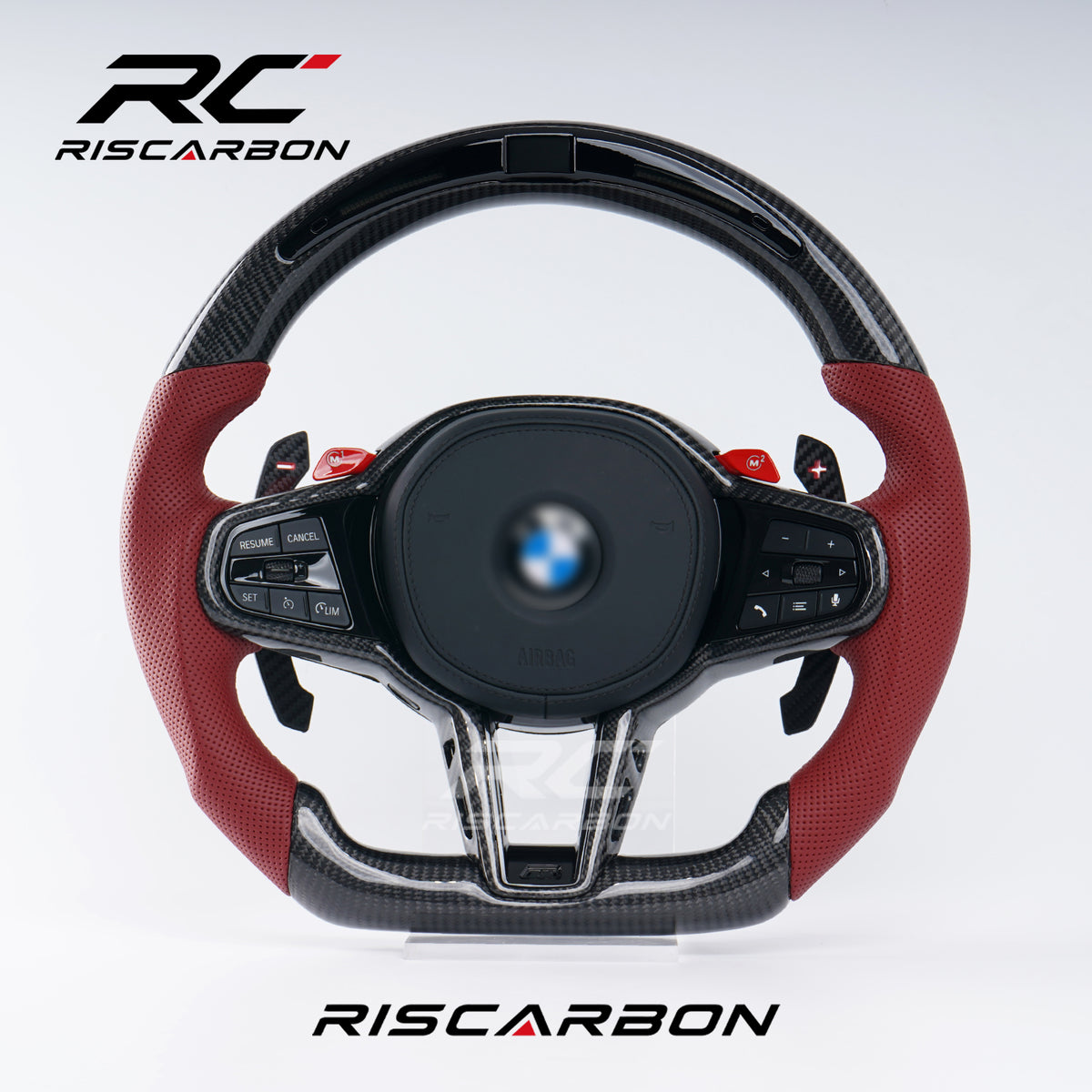 RISCARBON  CS Carbon Fiber LED Heating Vibration Red perforated leather Steering Wheel for BMW F10 F30 G30 G31 G32 X5 G01 G02 G87 M3 G80 M4 G42 G20 Modification