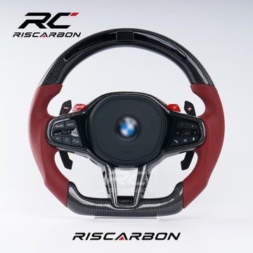 RISCARBON  CS Carbon Fiber LED Heating Vibration Red perforated leather Steering Wheel for BMW F10 F30 G30 G31 G32 X5 G01 G02 G87 M3 G80 M4 G42 G20 Modification