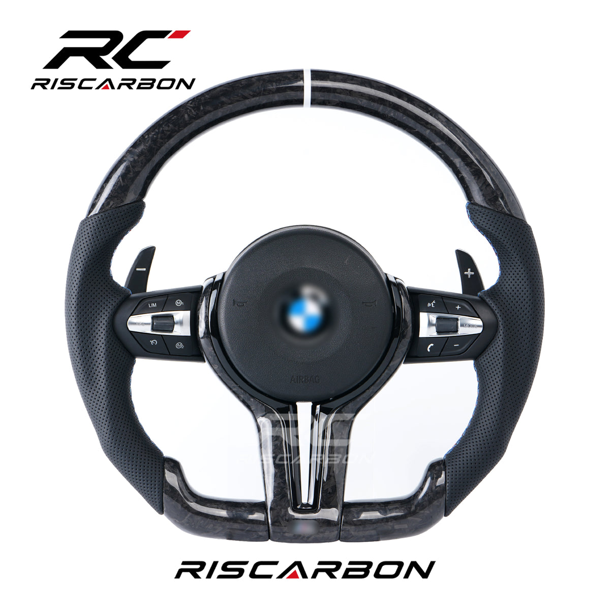 RISCARBON Forge Carbon Fiber Leather with White Stripe Steering Wheel for BMW F30 F10  F11 F15 F20 F21 F22  F16 F01 F31 F25 F15 Plug and Play