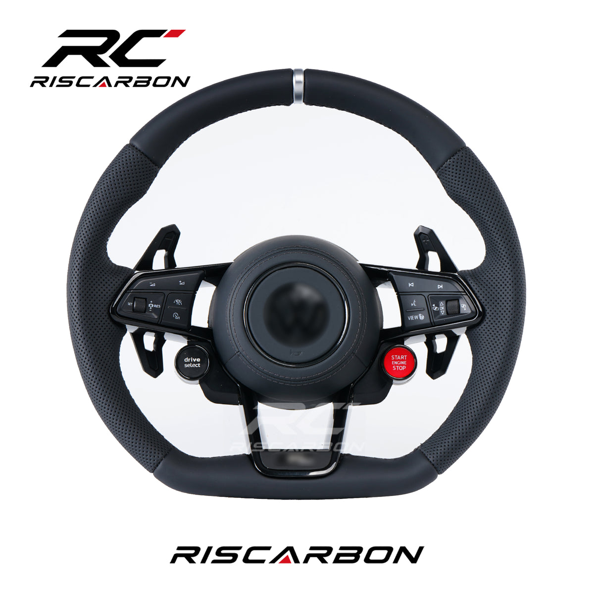 RISCARBON Flat Bottom Leather Steering Wheel for Volkswagen Accessories VW Polo Tiguan GTI Jetta Golf 5 6 7 MK6/MK7/MK8 with Chrome Stripe