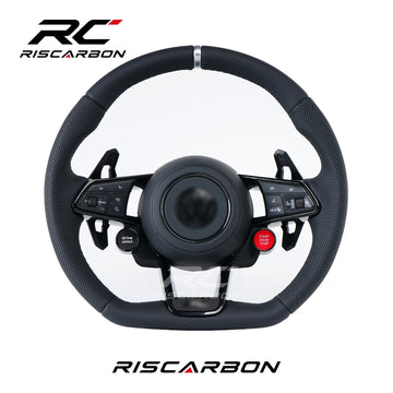 RISCARBON Flat Bottom Leather Steering Wheel for Volkswagen Accessories VW Polo Tiguan GTI Jetta Golf 5 6 7 MK6/MK7/MK8 with Chrome Stripe
