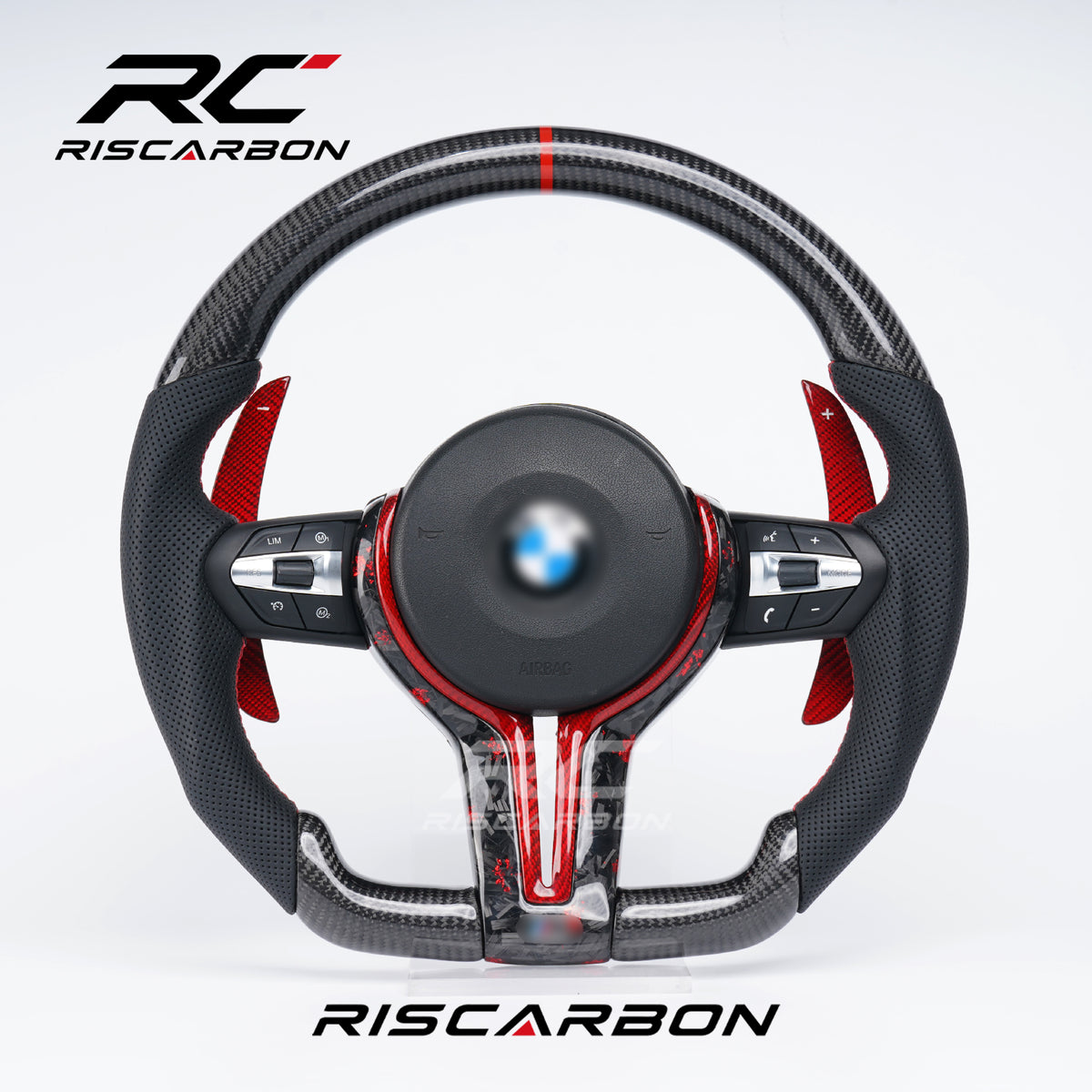 RISCARBON Factory Supply Carbon Fiber Leather Steering Wheel for BMW F11 F15 F20 F21 F22 F16 F01 F31 F15 F30 F10 With Red Paddle Shifters