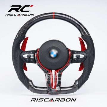 RISCARBON Factory Supply Carbon Fiber Leather Steering Wheel for BMW F11 F15 F20 F21 F22 F16 F01 F31 F15 F30 F10 With Red Paddle Shifters