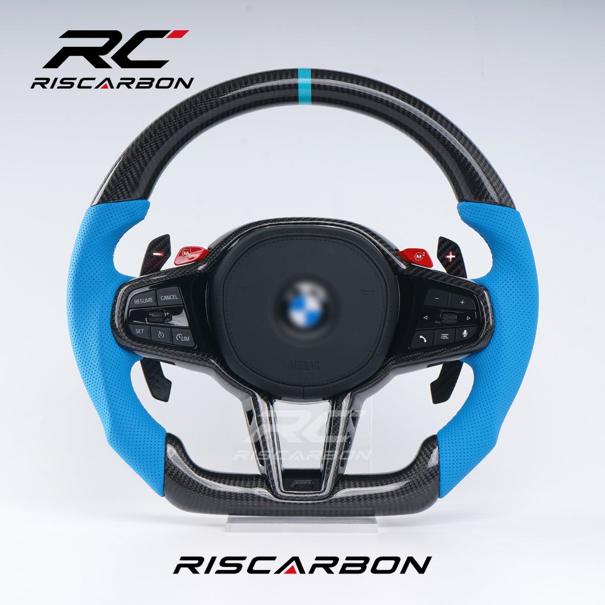RISCARBON Real Carbon Fiber Leather CS Car Steering Wheel for BMW G21 G22 G23 G20 G28 G30 G01 G02 G08 G31 G38 G01 G05 X3 X4 X5 with Blue Stripe