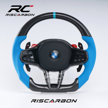 RISCARBON Real Carbon Fiber Leather CS Car Steering Wheel for BMW G21 G22 G23 G20 G28 G30 G01 G02 G08 G31 G38 G01 G05 X3 X4 X5 with Blue Stripe