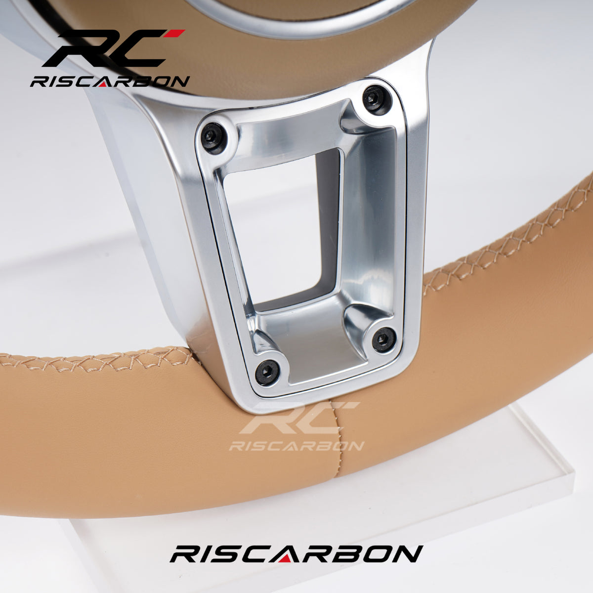 RISCARBON Factory Direct Car Accessories Beige Leather Steering Wheel for Porsche 991 992 958 Cayenne Macan Panamera 970 971 987 Taycan Boxster Silver button frame