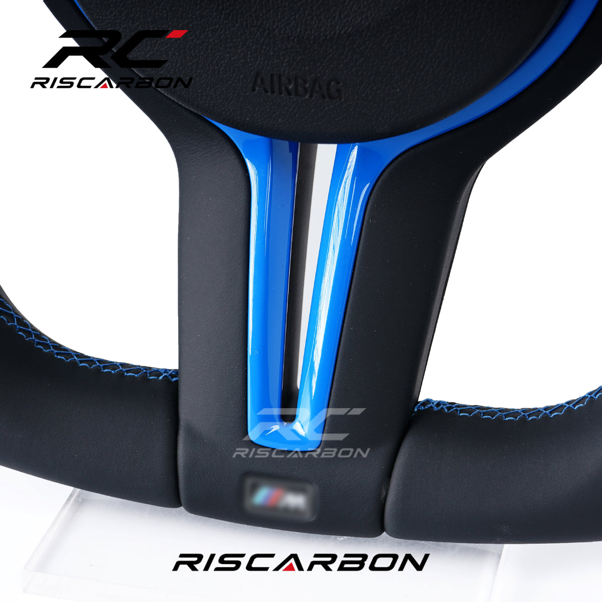 RISCARBON Blue Stripes Steering Wheel for BMW M3 M4 M6 F30 F10 F15 F36 F01 F20 F22 F25 F31 F32 F11F18 F40 F52 F80 X1X2 X3 X4 X5 X6 Leather