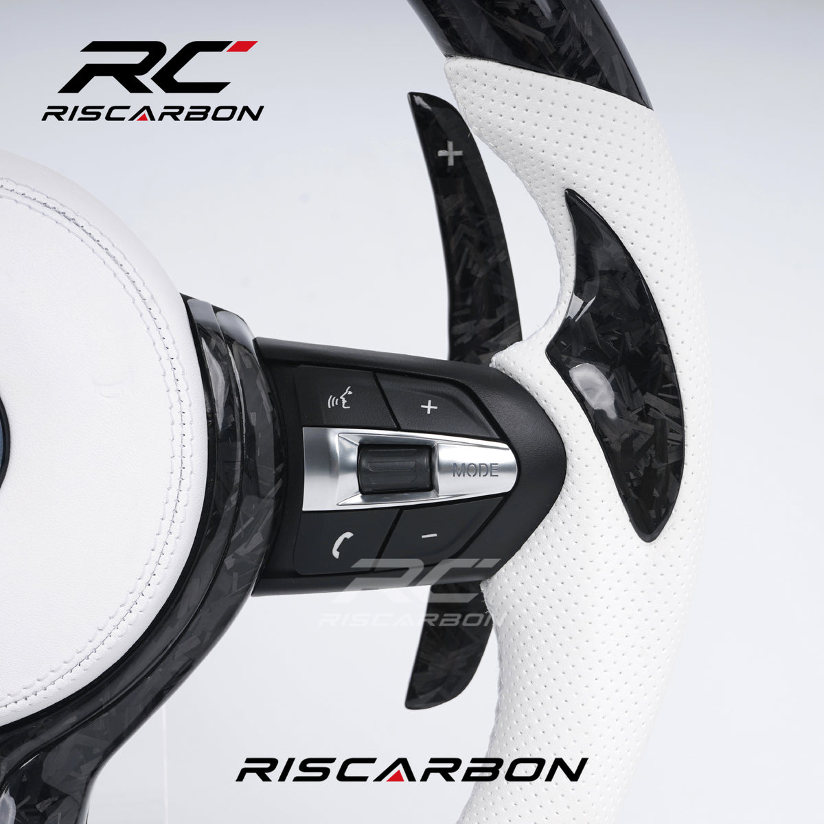 RISCARBON Custom White Carbon Fiber LED Steering Wheel for BMW F-Series Models (1, 2, 3, 4, 5, 6, 7 Series, X1, X2, X3, X4, X5, X6)