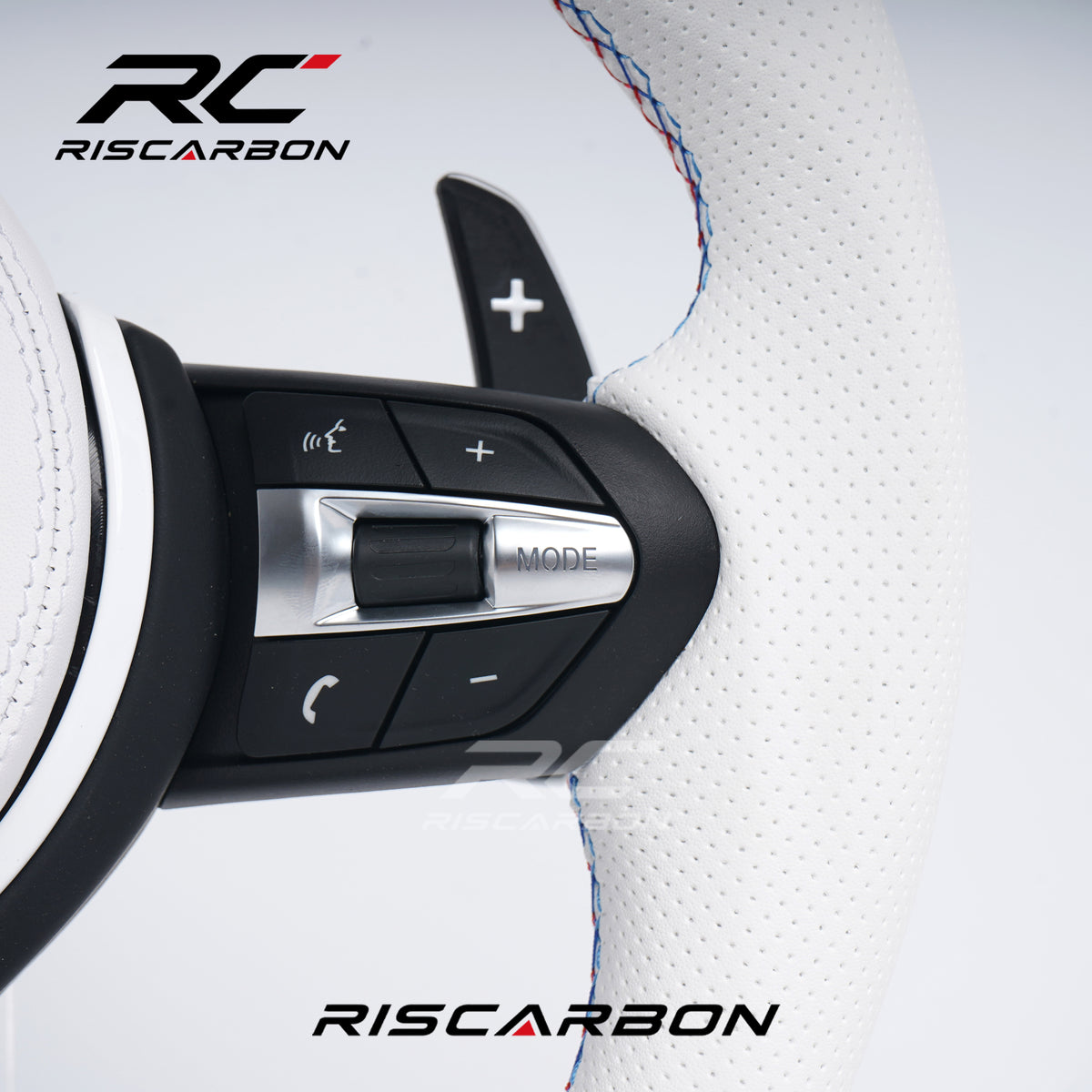 RISCARBON Customized White Leather Sports Steering Wheel for BMW Models F10 F18 F11 M6 M3 M4 M5 F30 F32 F12 F80 F20 F01 Real Suede