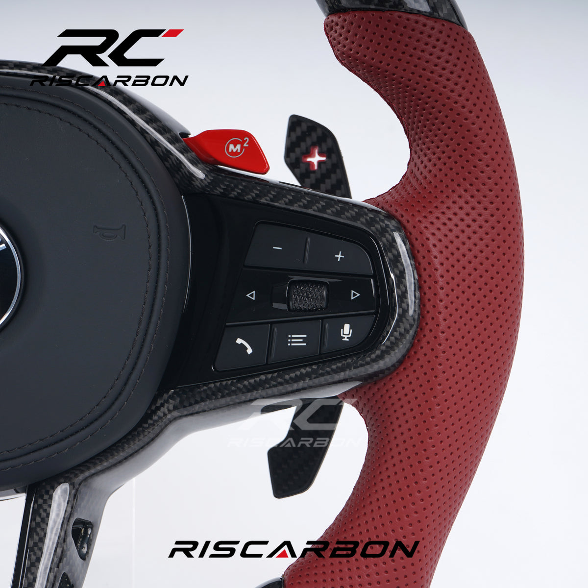 RISCARBON  CS Carbon Fiber LED Heating Vibration Red perforated leather Steering Wheel for BMW F10 F30 G30 G31 G32 X5 G01 G02 G87 M3 G80 M4 G42 G20 Modification