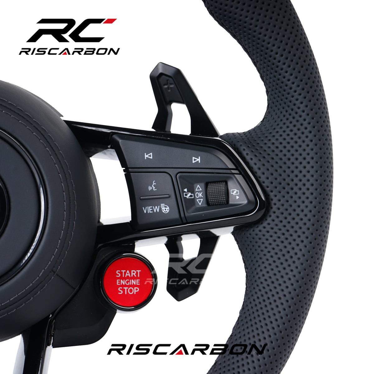RISCARBON Flat Bottom Leather Steering Wheel for Volkswagen Accessories VW Polo Tiguan GTI Jetta Golf 5 6 7 MK6/MK7/MK8 with Chrome Stripe