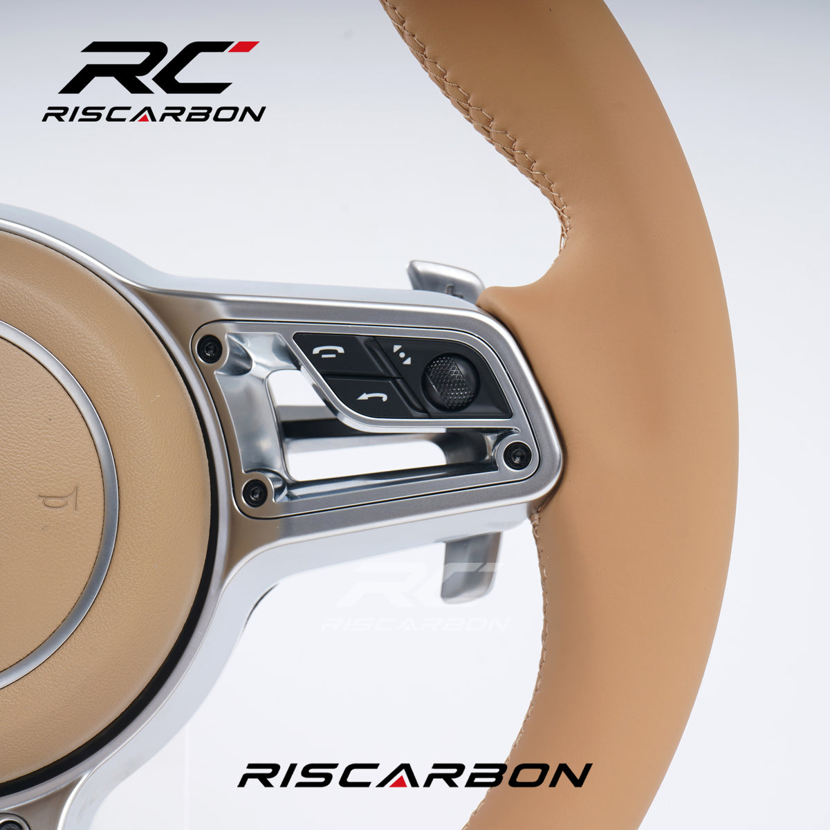 RISCARBON Factory Direct Car Accessories Beige Leather Steering Wheel for Porsche 991 992 958 Cayenne Macan Panamera 970 971 987 Taycan Boxster Silver button frame