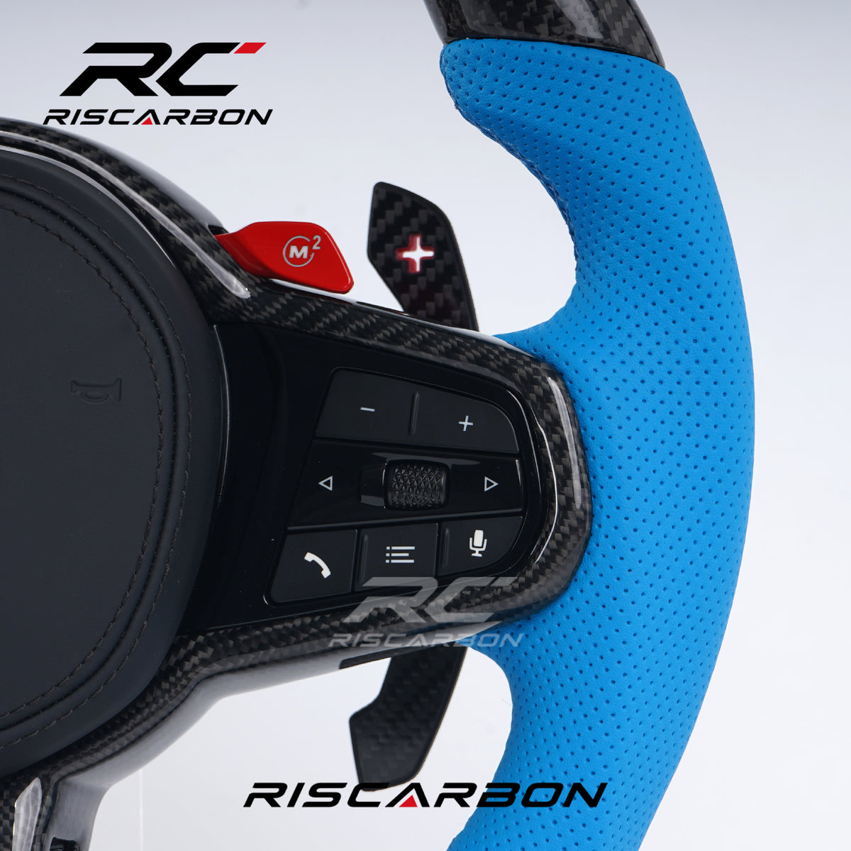 RISCARBON Real Carbon Fiber Leather CS Car Steering Wheel for BMW G21 G22 G23 G20 G28 G30 G01 G02 G08 G31 G38 G01 G05 X3 X4 X5 with Blue Stripe