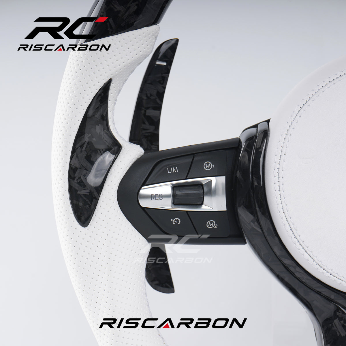 RISCARBON Custom White Carbon Fiber LED Steering Wheel for BMW F-Series Models (1, 2, 3, 4, 5, 6, 7 Series, X1, X2, X3, X4, X5, X6)
