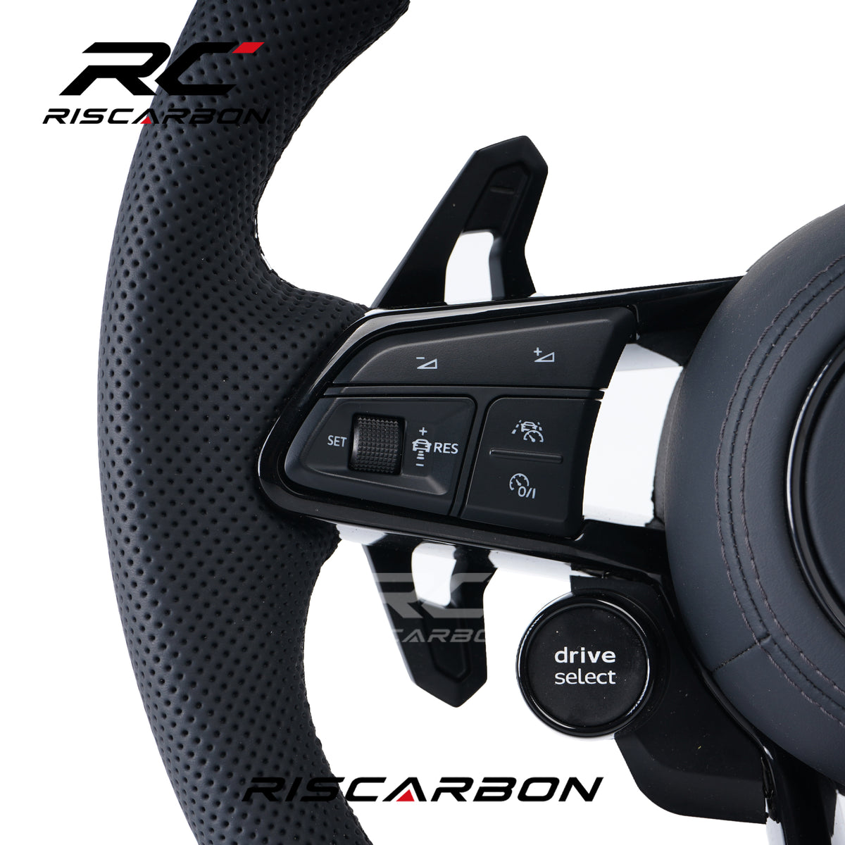RISCARBON Flat Bottom Leather Steering Wheel for Volkswagen Accessories VW Polo Tiguan GTI Jetta Golf 5 6 7 MK6/MK7/MK8 with Chrome Stripe