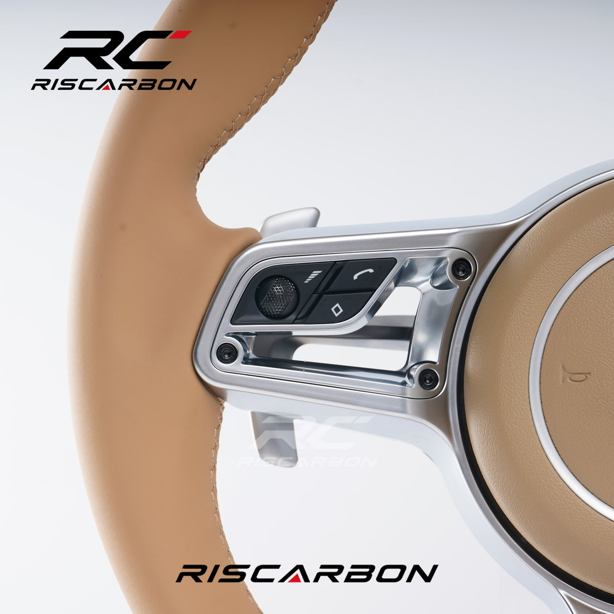 RISCARBON Factory Direct Car Accessories Beige Leather Steering Wheel for Porsche 991 992 958 Cayenne Macan Panamera 970 971 987 Taycan Boxster Silver button frame