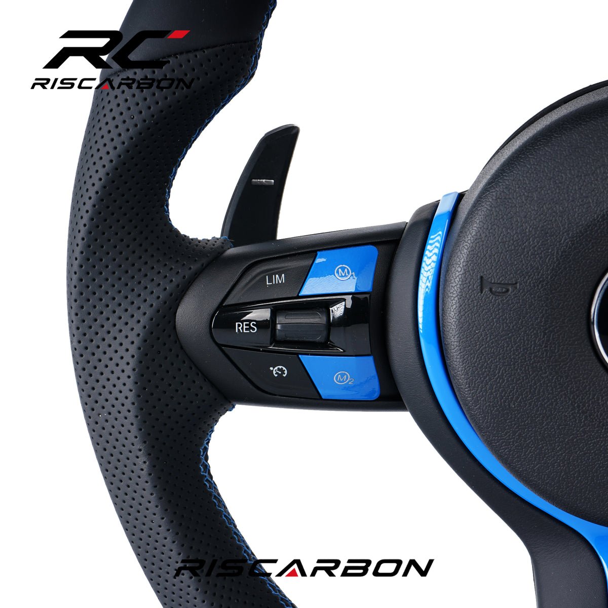RISCARBON Blue Stripes Steering Wheel for BMW M3 M4 M6 F30 F10 F15 F36 F01 F20 F22 F25 F31 F32 F11F18 F40 F52 F80 X1X2 X3 X4 X5 X6 Leather