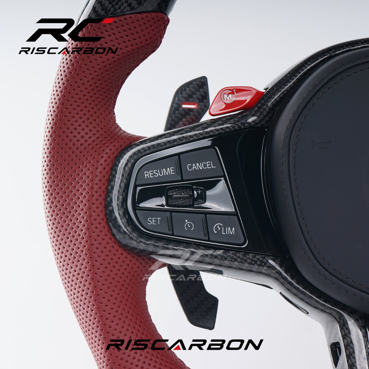 RISCARBON  CS Carbon Fiber LED Heating Vibration Red perforated leather Steering Wheel for BMW F10 F30 G30 G31 G32 X5 G01 G02 G87 M3 G80 M4 G42 G20 Modification