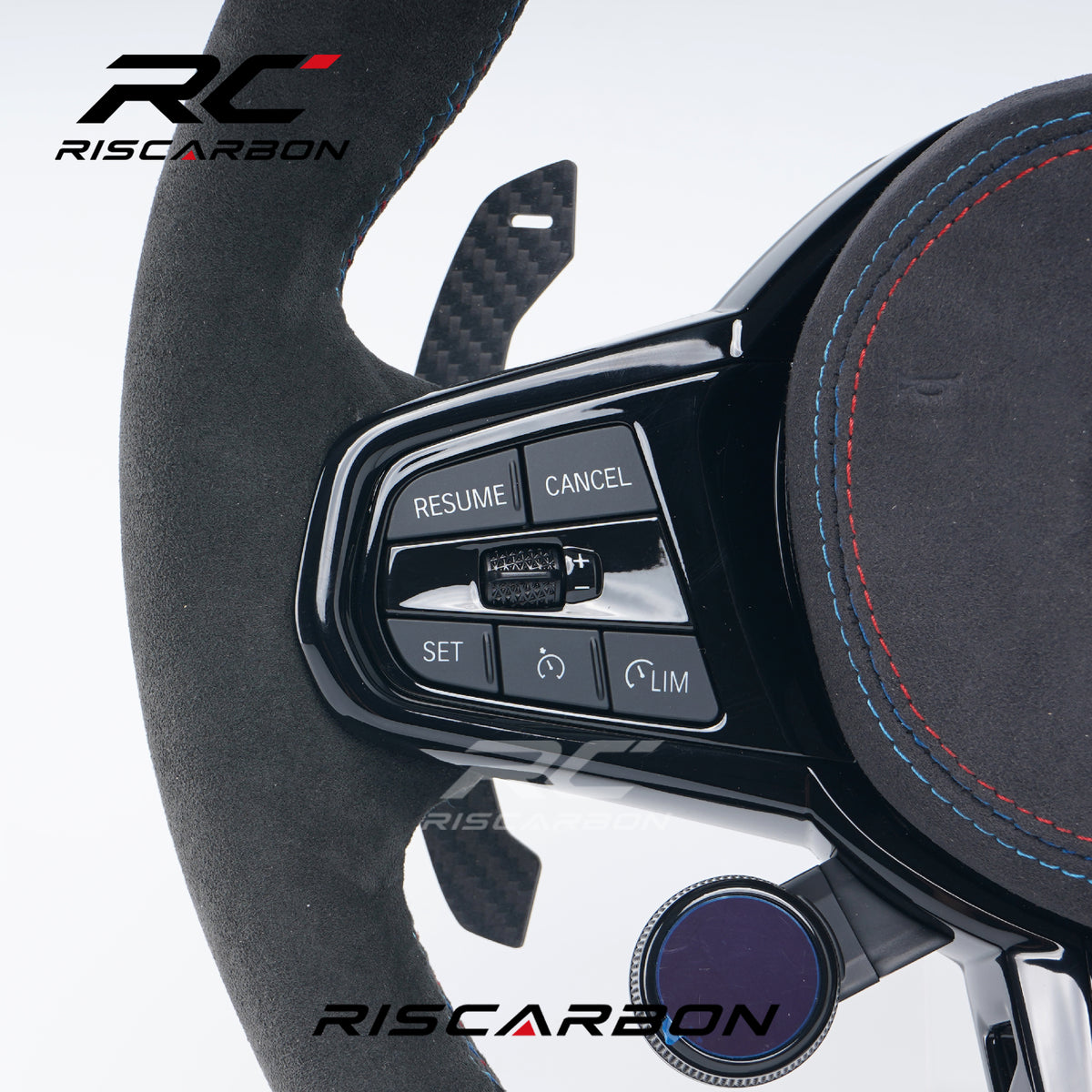 RISCARBON Flat Bottom Full-Suede CS Steering Wheel for BMW G20 G30 G28 G31 G38 G11 G12 G01 G08 G21 G22 G82 G87  X3 X4 X5 X6 With Knob