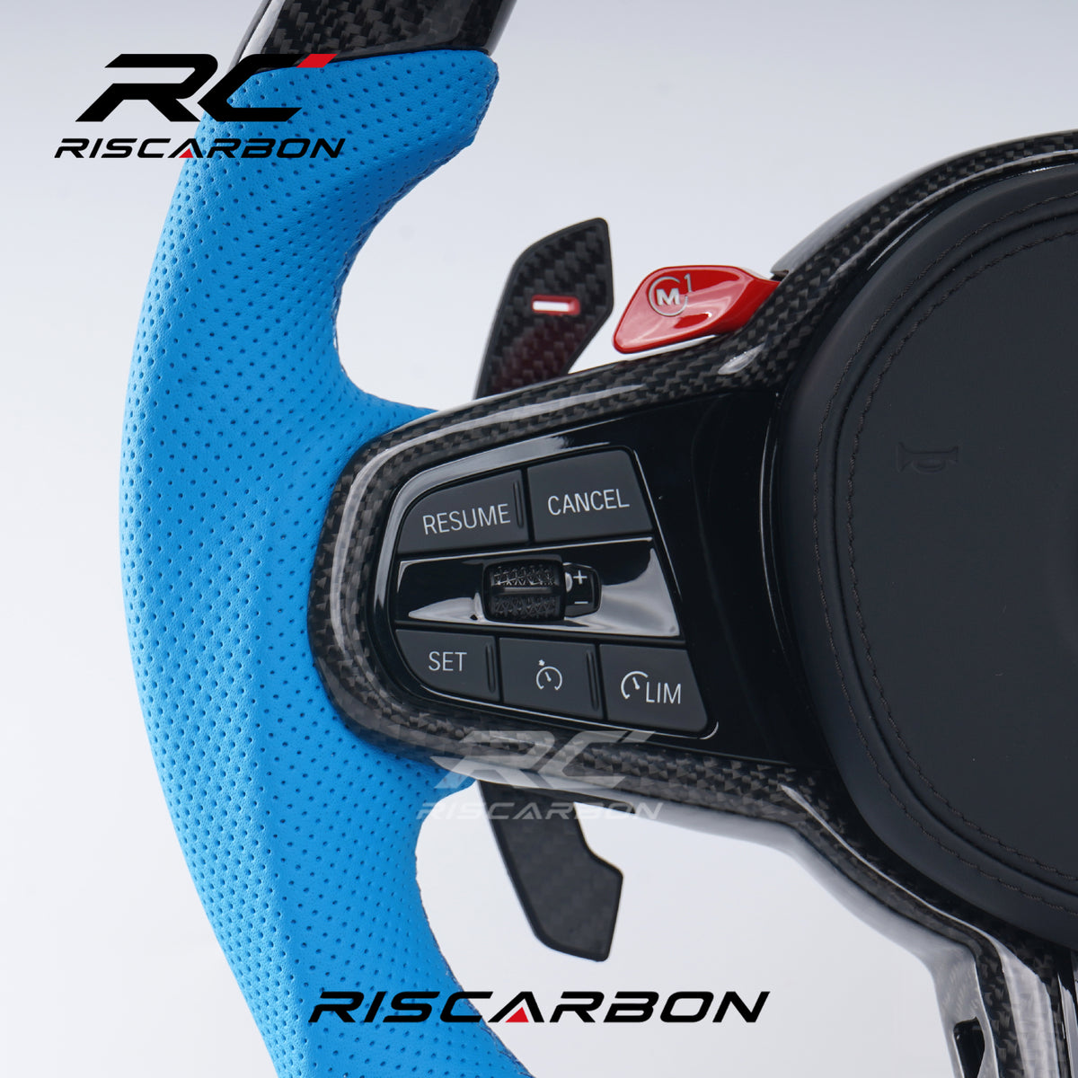 RISCARBON Real Carbon Fiber Leather CS Car Steering Wheel for BMW G21 G22 G23 G20 G28 G30 G01 G02 G08 G31 G38 G01 G05 X3 X4 X5 with Blue Stripe
