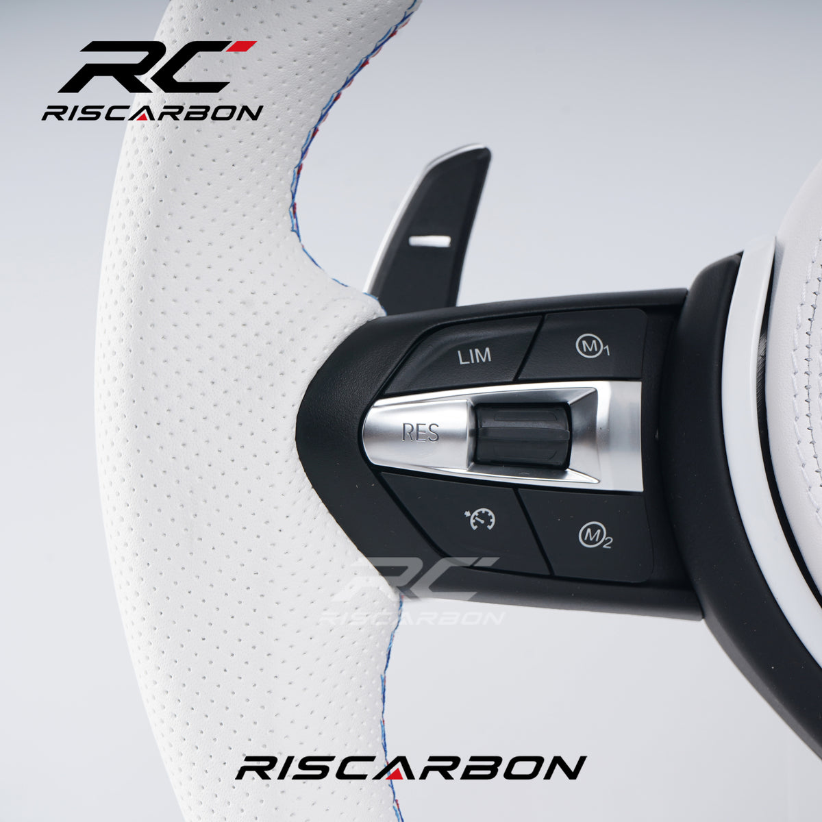 RISCARBON Customized White Leather Sports Steering Wheel for BMW Models F10 F18 F11 M6 M3 M4 M5 F30 F32 F12 F80 F20 F01 Real Suede