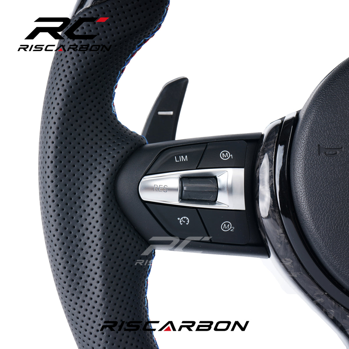 RISCARBON Forge Carbon Fiber Leather with White Stripe Steering Wheel for BMW F30 F10  F11 F15 F20 F21 F22  F16 F01 F31 F25 F15 Plug and Play